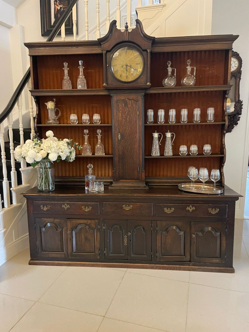 Rare 18th Century Large Antique George III Quality Oak Dresser with Rack and Longcase Clock - Image 7